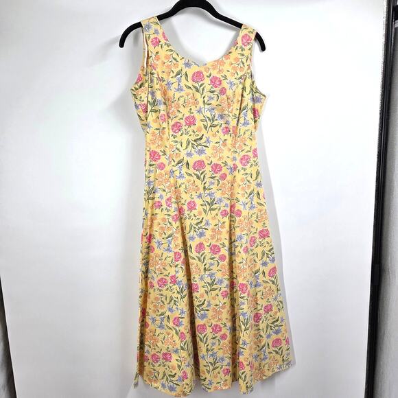 VTG Herman Geist women 6P Yellow Floral Sweetheart Fit Flare Cottage Midi Dress - Picture 1 of 6